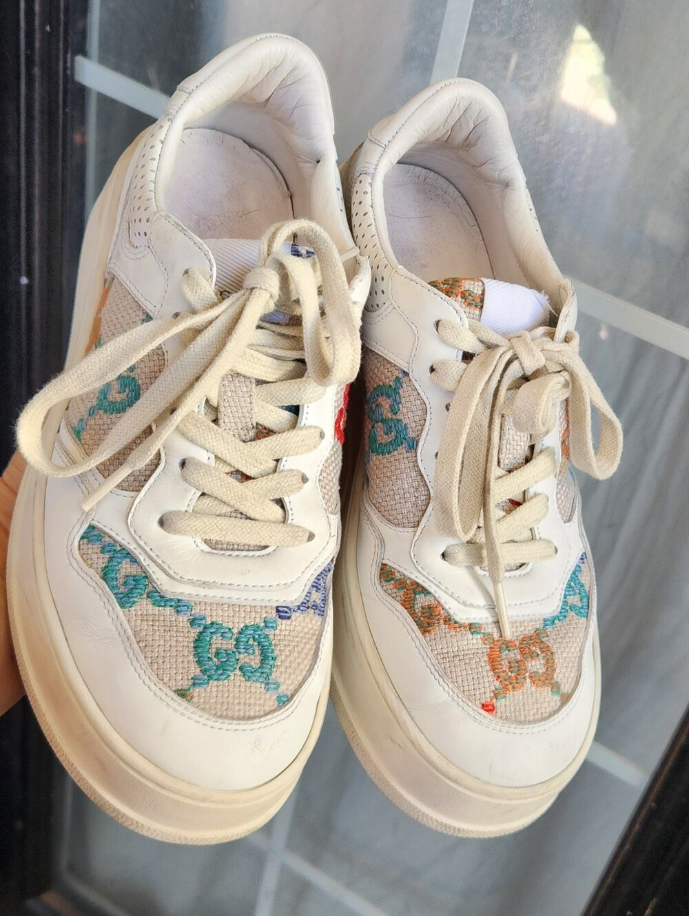 Gucci Cream Low-Top Sneakers with Multicolor Monogram Embroidery